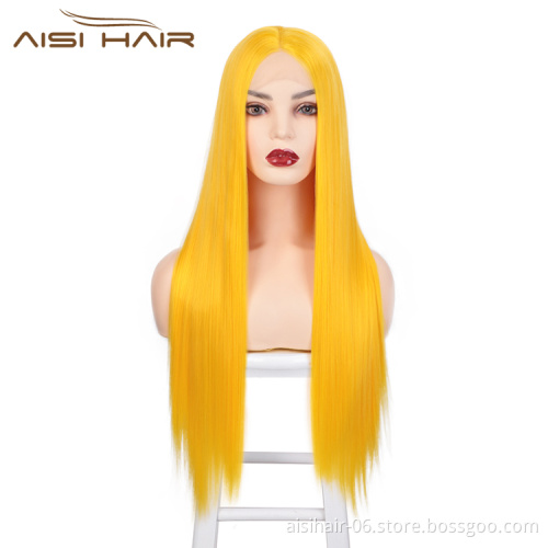 Aisi Hair 26 Inch Long Silky Straight Yellow Wig Cosplay Swiss Lace Wig Middle Part Synthetic Lace Front Wigs For Black Women